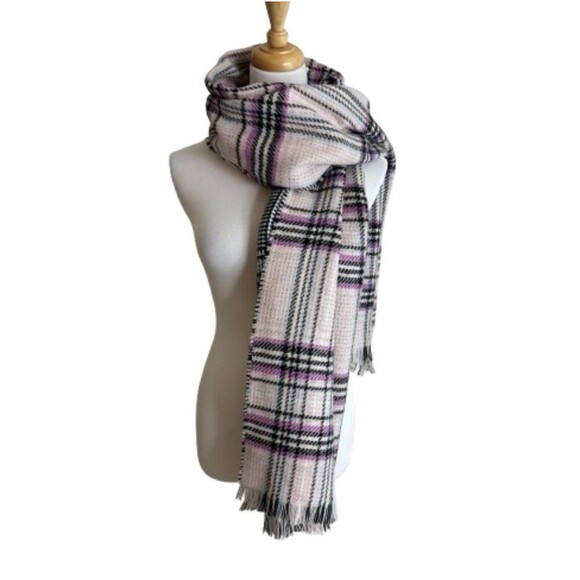 Steve Madden Pink Plaid Houndstooth Reversible Blanket Scarf Wrap Fringe - Picture 2 of 7